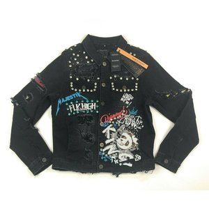Majestik Small Denim Jean Jacket Slim Straight Distressed Rhinestone Studded